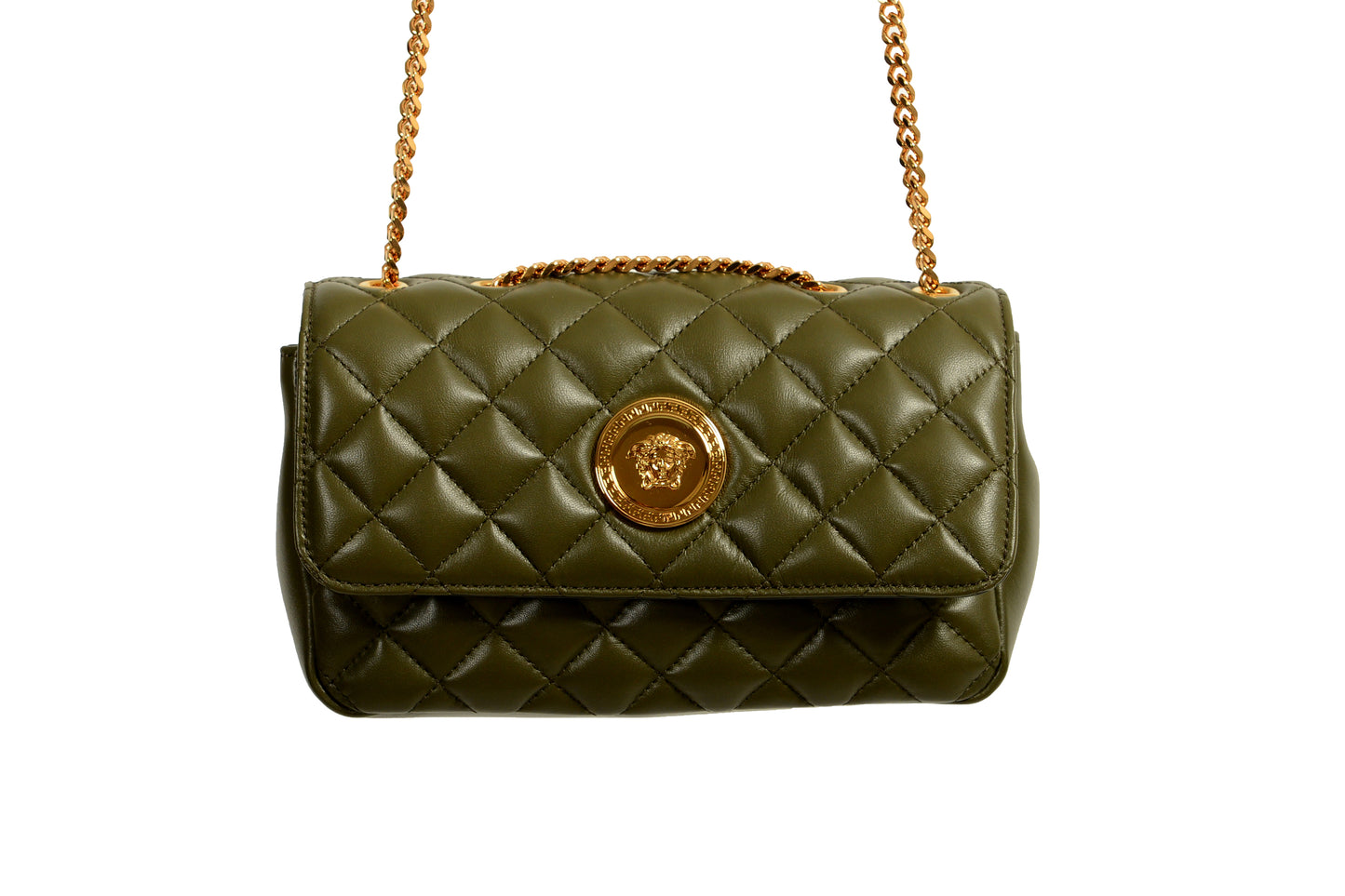 Versace Women's Olive Leather Gold Medusa Quilted Small Handbag Shoulder Bag