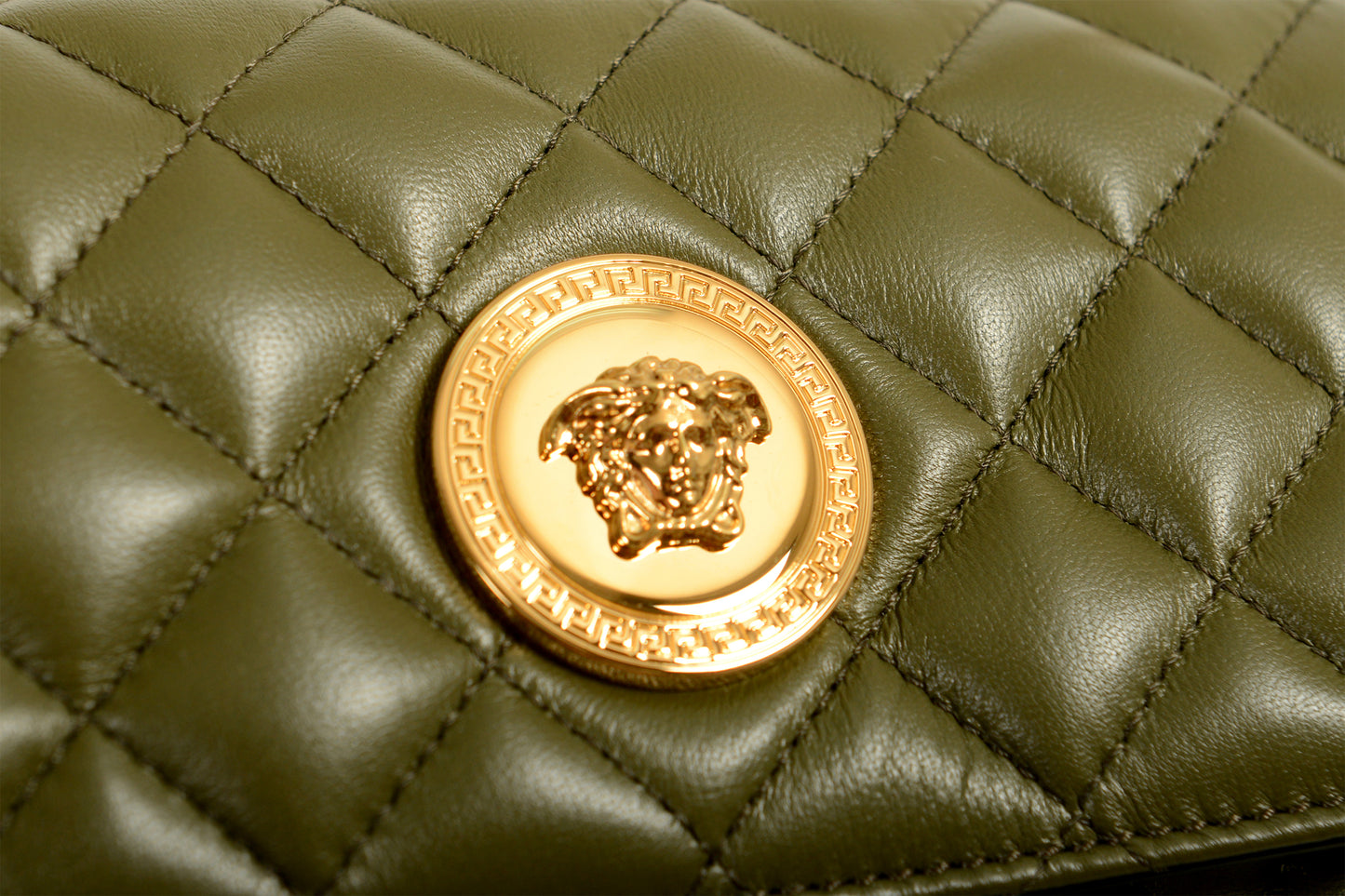 Versace Women's Olive Leather Gold Medusa Quilted Small Handbag Shoulder Bag