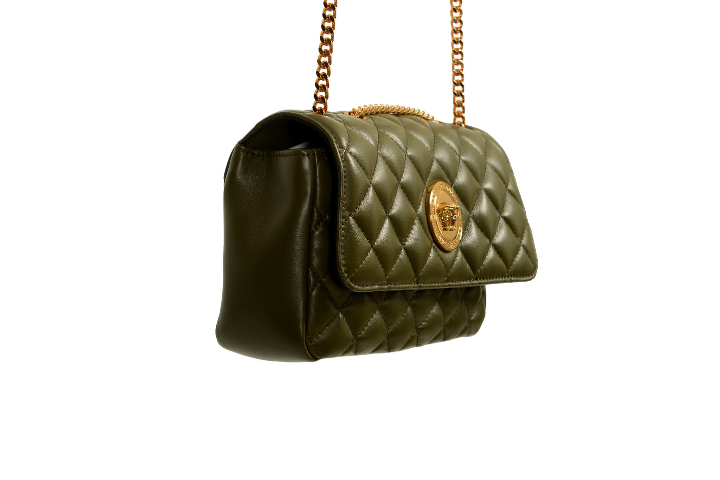 Versace Women's Olive Leather Gold Medusa Quilted Small Handbag Shoulder Bag