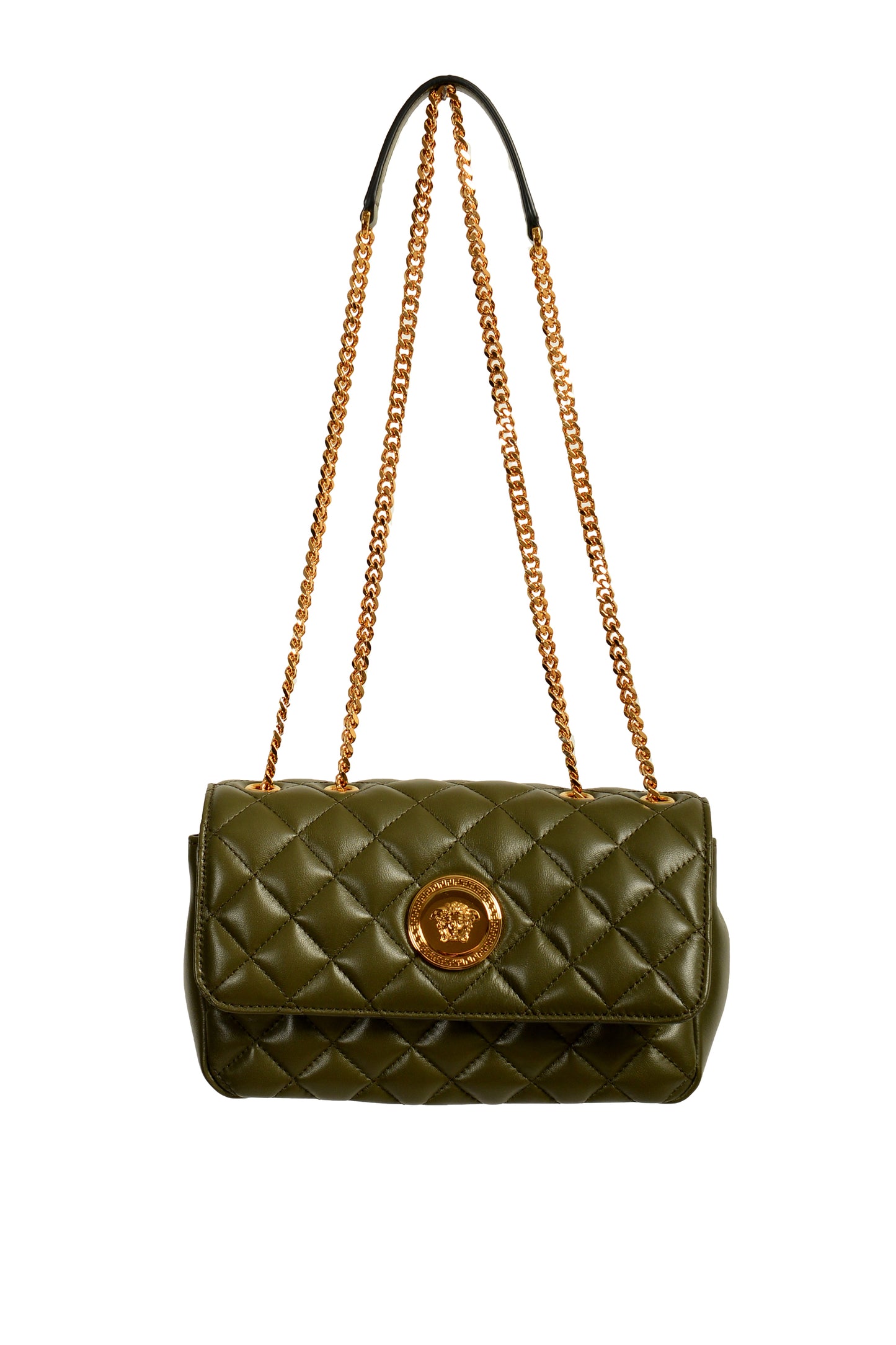 Versace Women's Olive Leather Gold Medusa Quilted Small Handbag Shoulder Bag