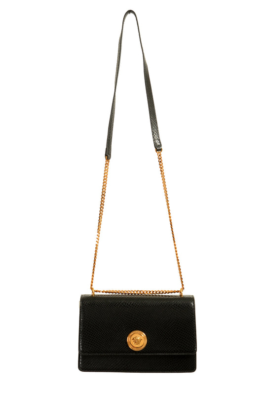Versace Black 100%Leather SnakeSkin Print Gold Medusa Chain Handbag Shoulder Bag