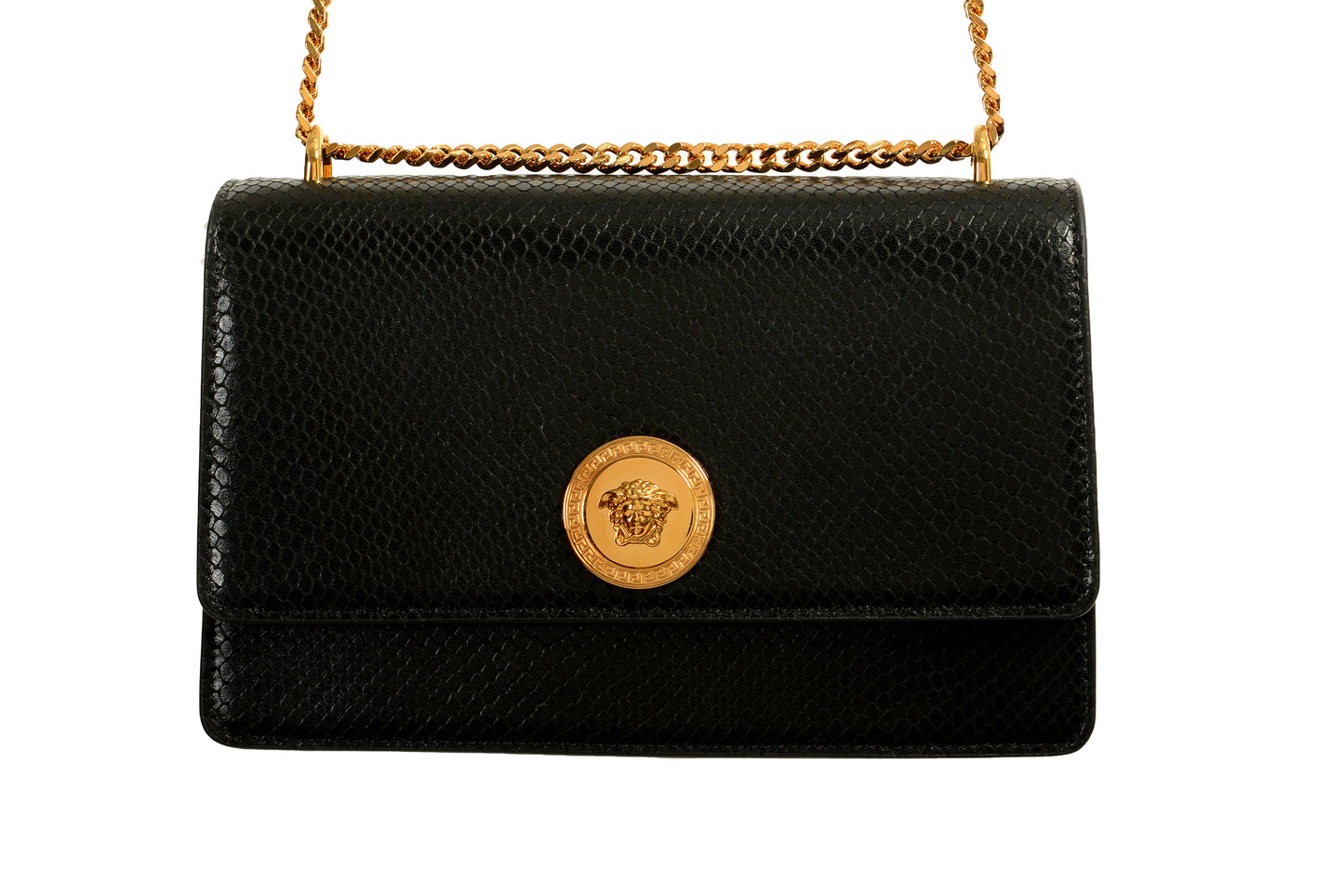 Versace Black 100%Leather SnakeSkin Print Gold Medusa Chain Handbag Shoulder Bag