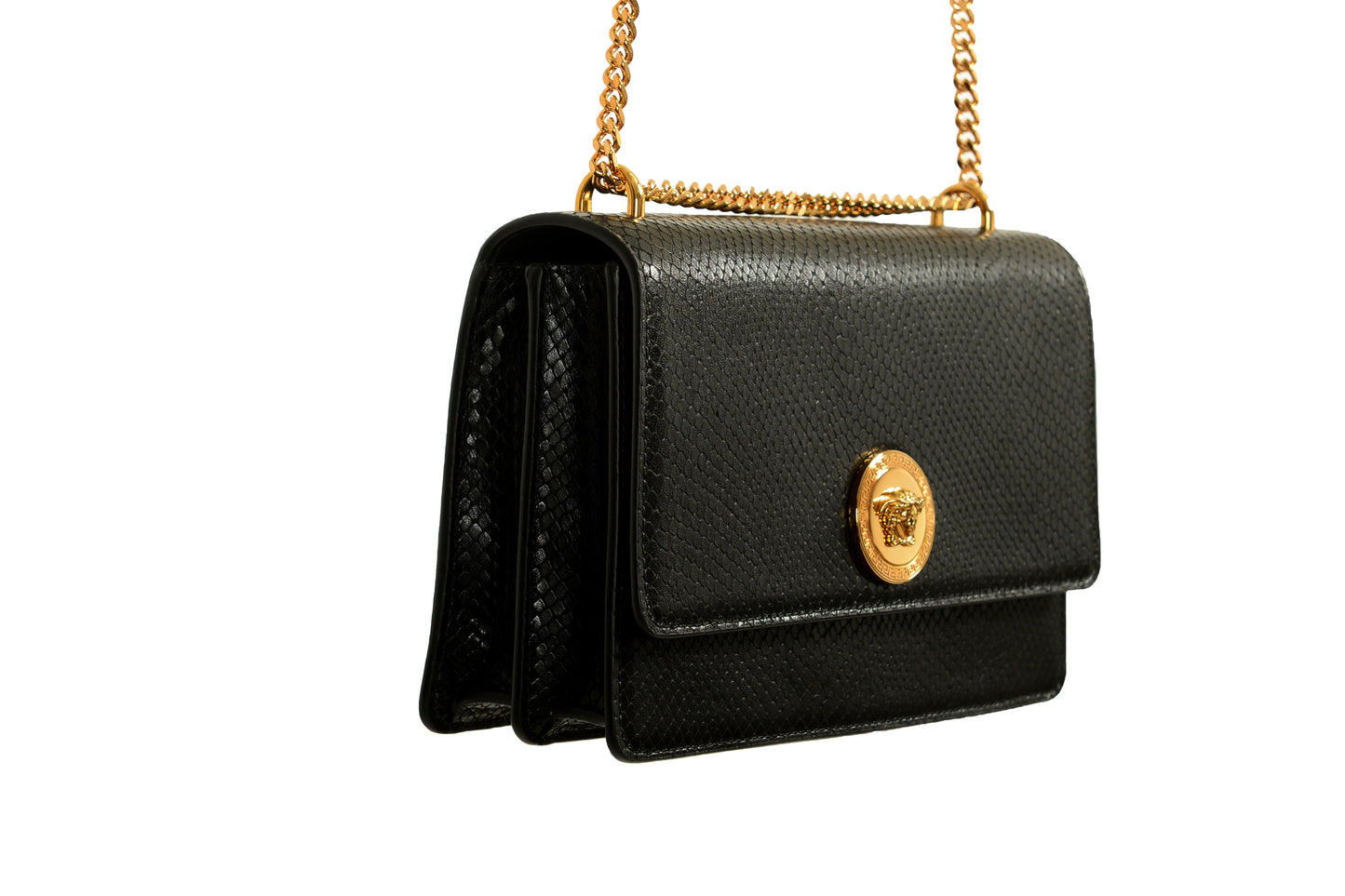 Versace Black 100%Leather SnakeSkin Print Gold Medusa Chain Handbag Shoulder Bag