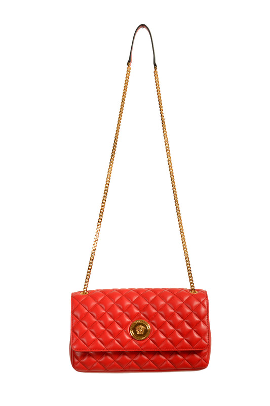 Versace Women's Red Leather Gold Medusa Quilted Handbag Shoulder Bag