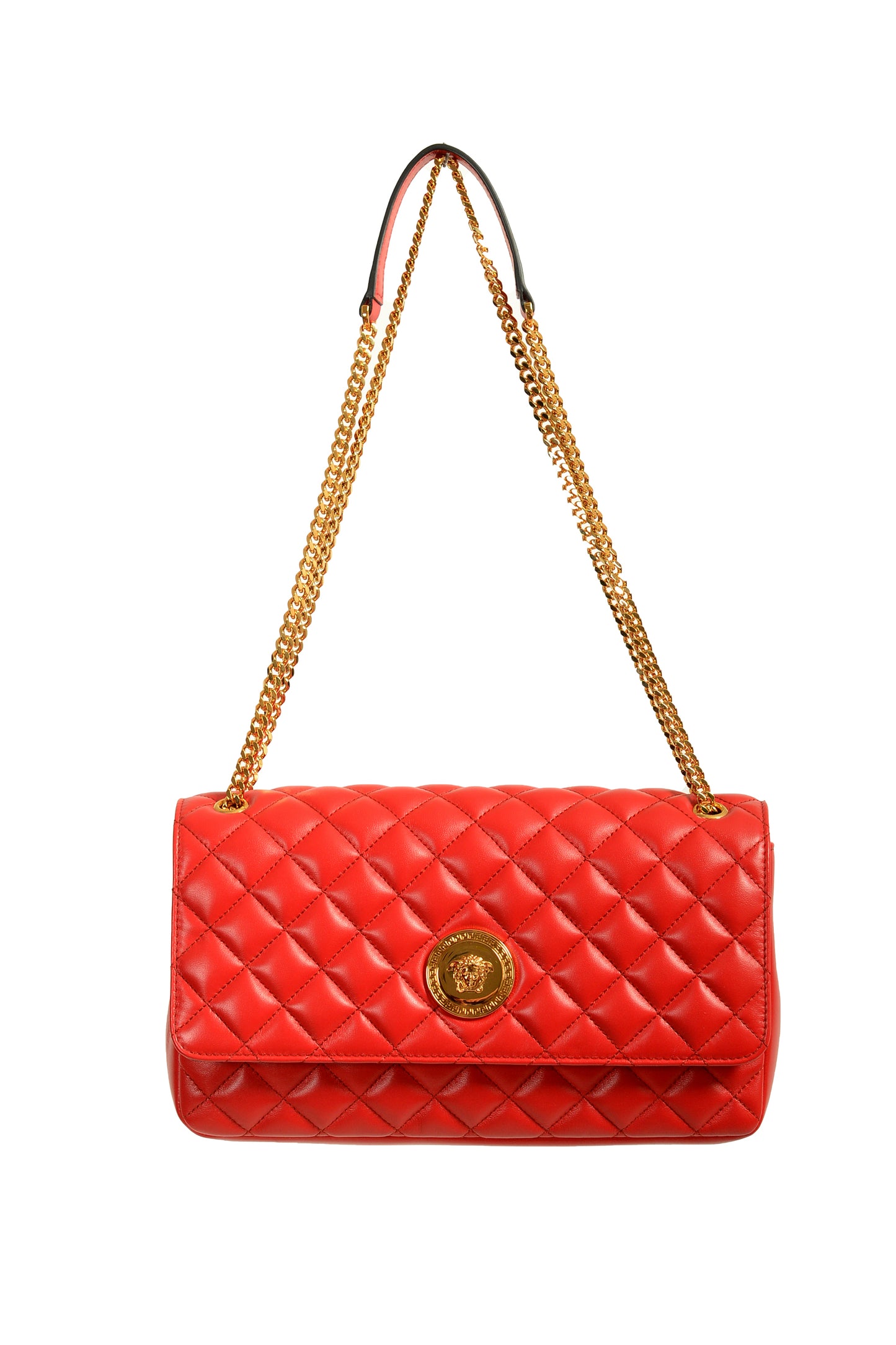 Versace Women's Red Leather Gold Medusa Quilted Handbag Shoulder Bag