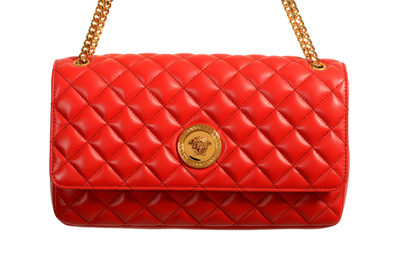 Versace Women's Red Leather Gold Medusa Quilted Handbag Shoulder Bag
