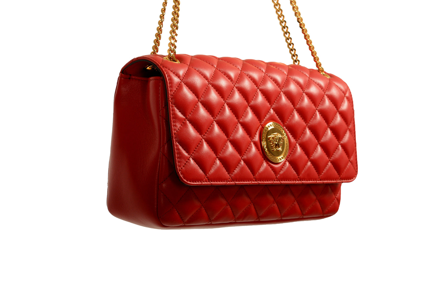 Versace Women's Red Leather Gold Medusa Quilted Handbag Shoulder Bag