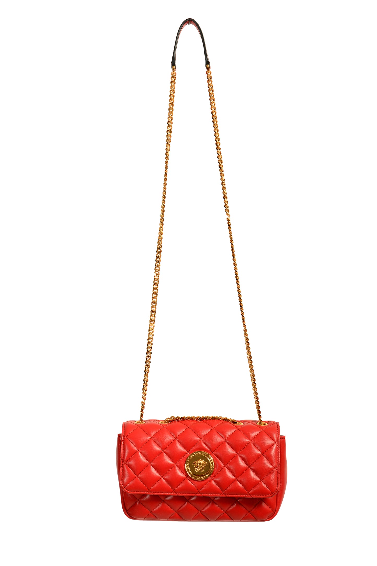Versace Women's True Red Leather Gold Medusa Quilted Small Handbag Shoulder Bag