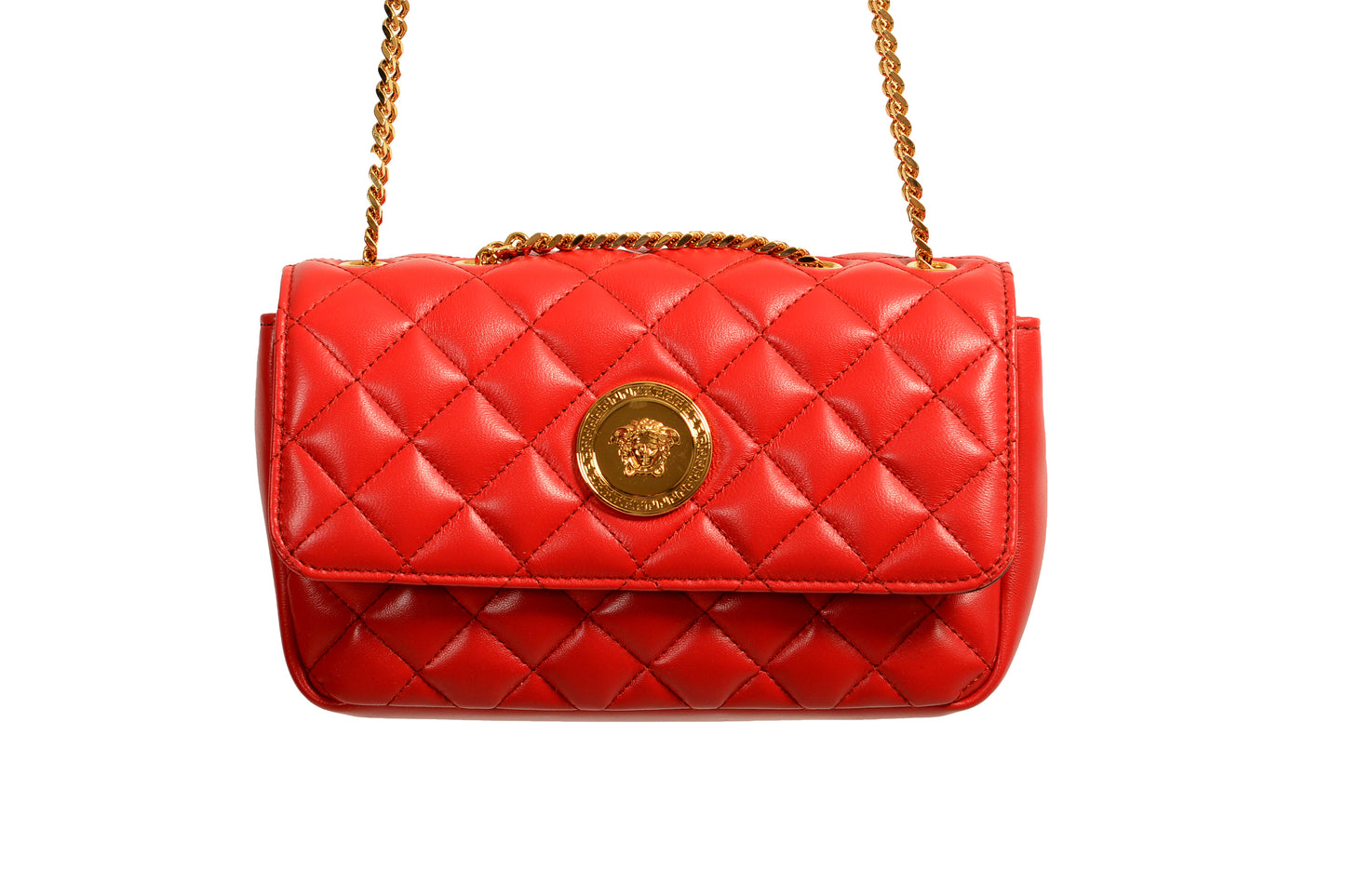 Versace Women's True Red Leather Gold Medusa Quilted Small Handbag Shoulder Bag