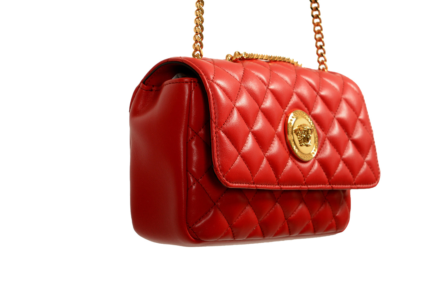 Versace Women's True Red Leather Gold Medusa Quilted Small Handbag Shoulder Bag