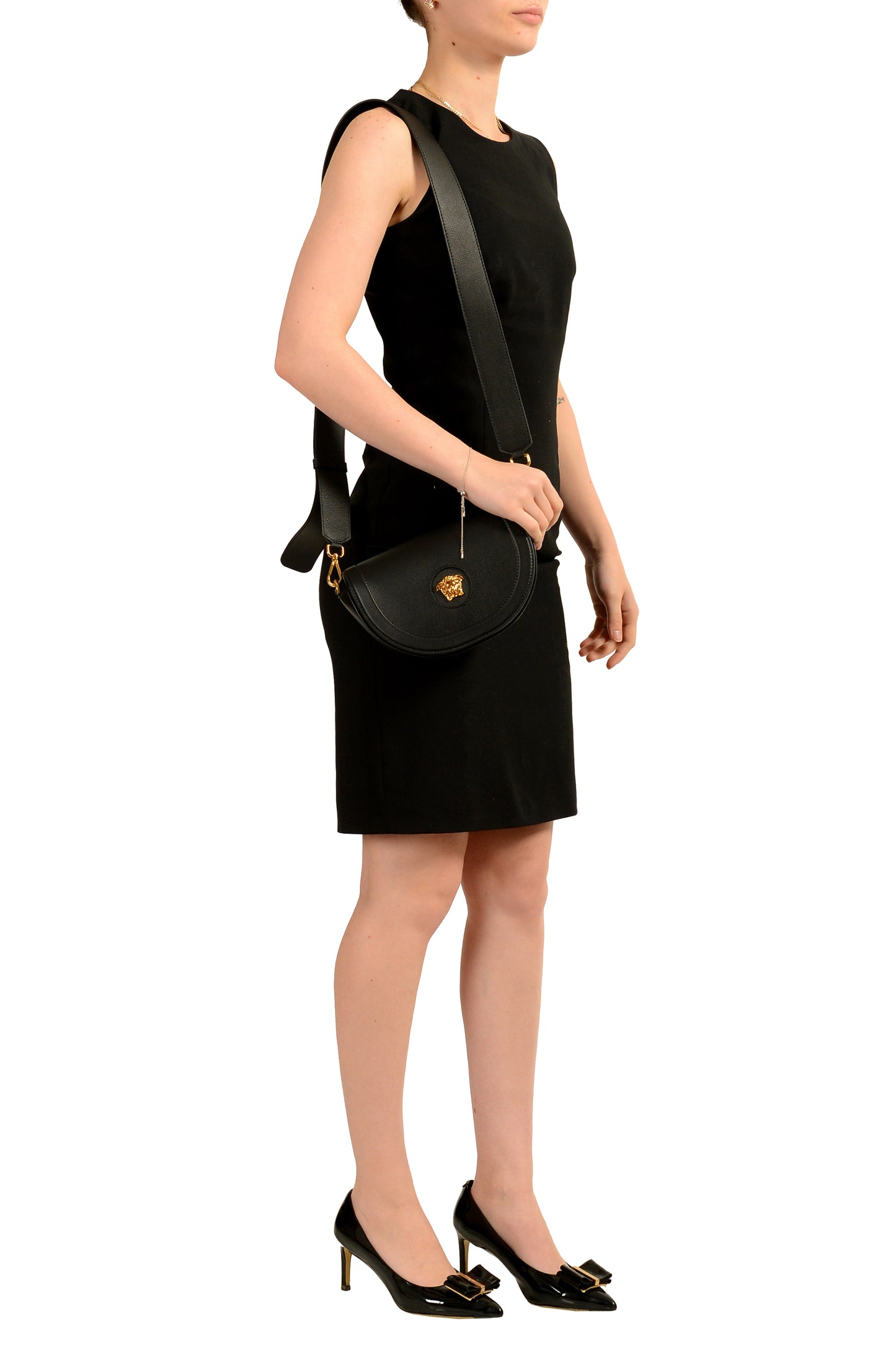 Versace Women's Grainy Leather Gold Medusa Half Moon Handbag Shoulder Bag
