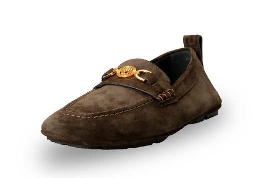 Versace Men's 100% Suede Leather Gold Medusa Driver Loafers Shoes US 9.5 IT 42.5