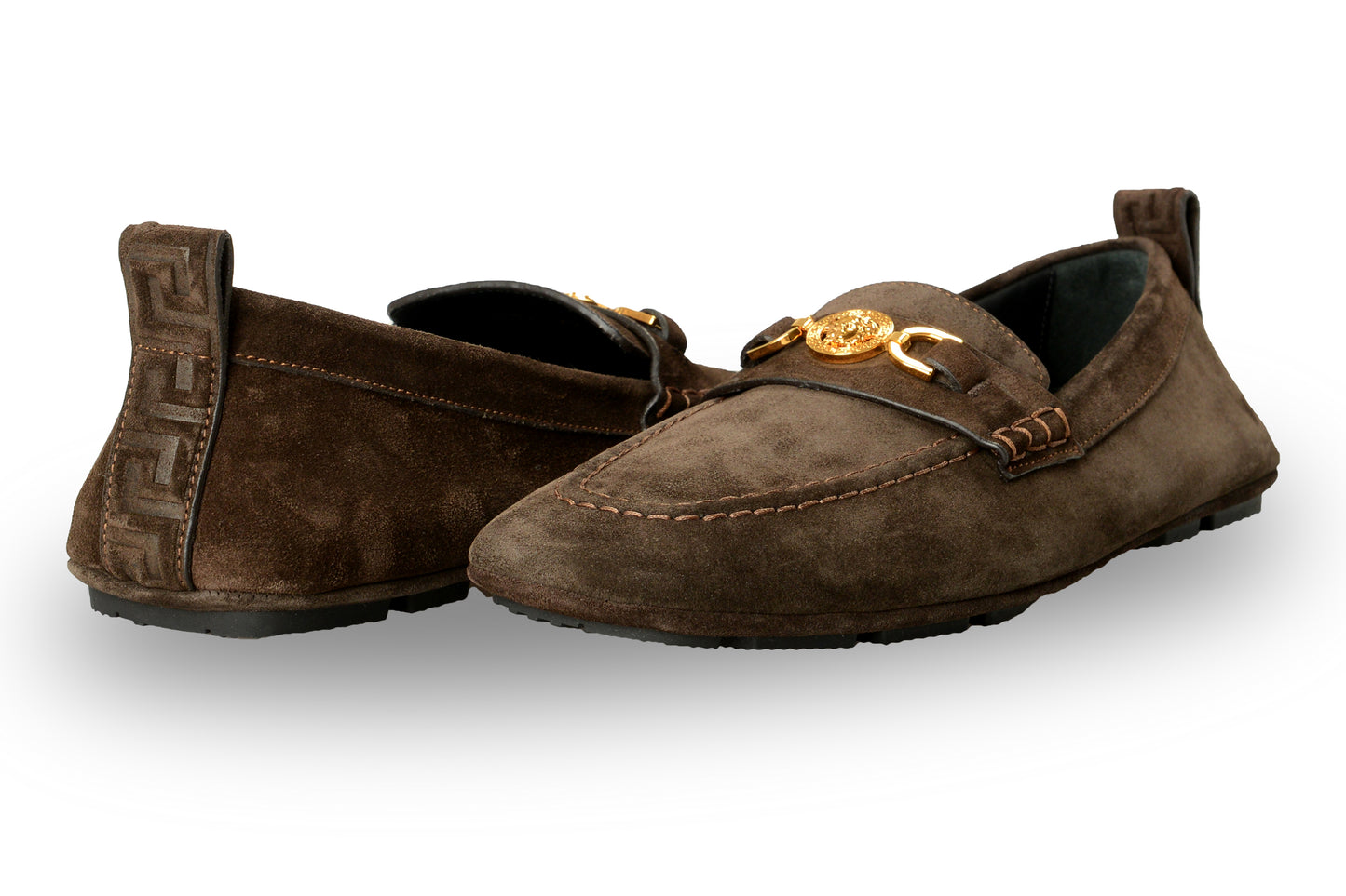 Versace Men's 100% Suede Leather Gold Medusa Driver Loafers Shoes US 9.5 IT 42.5