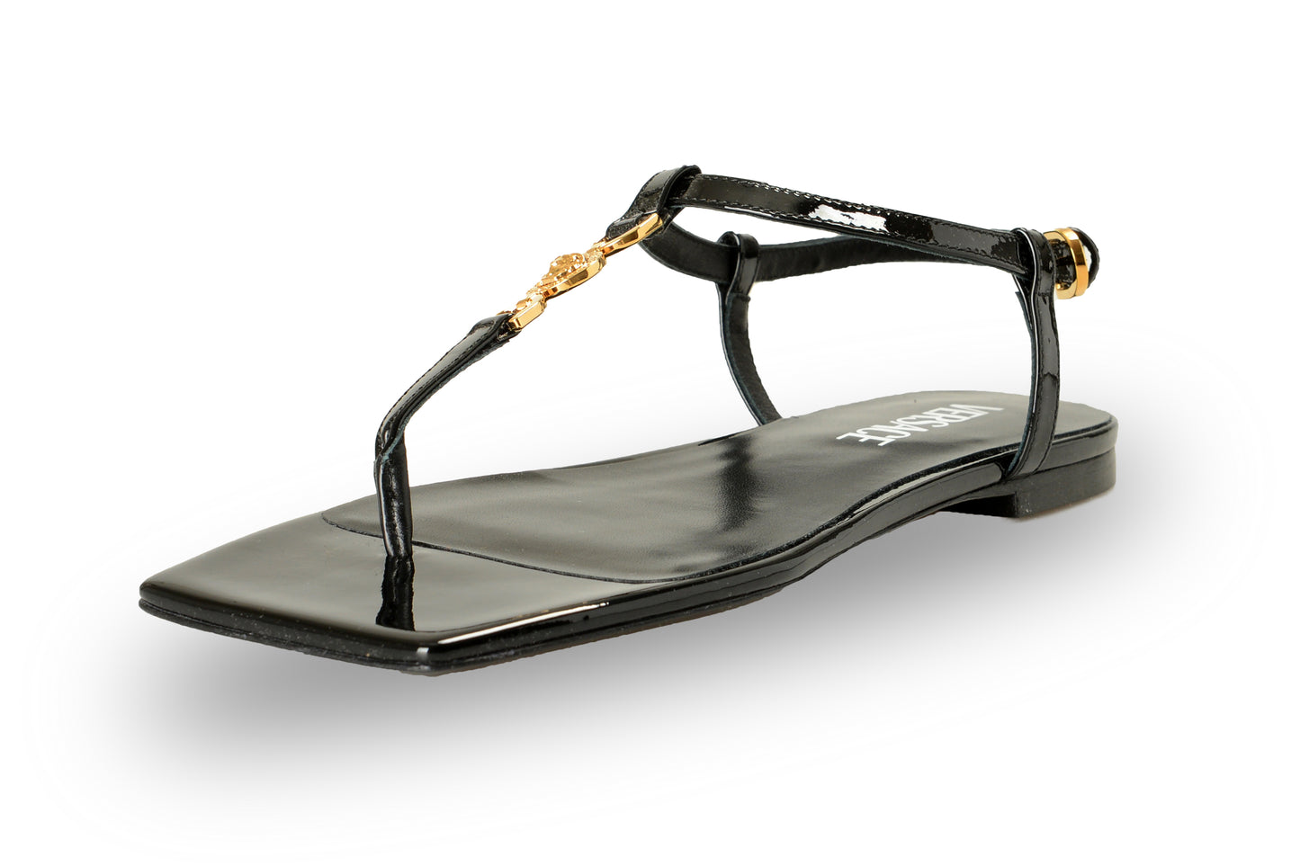 Versace Women's Black Patent Gold Medusa Leather Flat Sandals Shoes US 6 IT 36