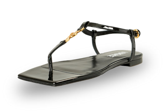 Versace Women's Black Patent Gold Medusa Leather Flat Sandals Shoes US 6 IT 36