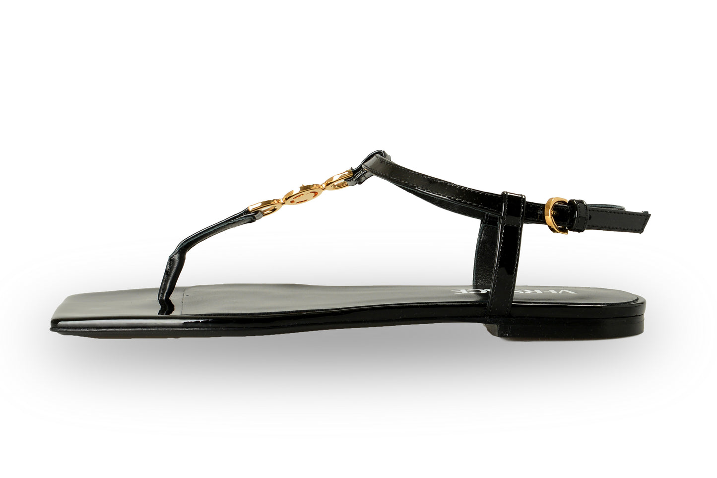 Versace Women's Black Patent Gold Medusa Leather Flat Sandals Shoes US 6 IT 36