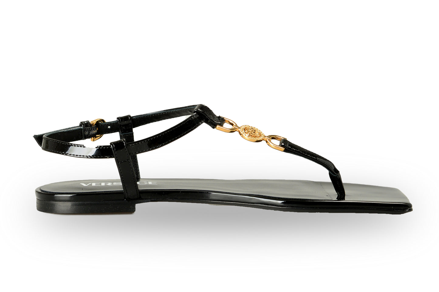 Versace Women's Black Patent Gold Medusa Leather Flat Sandals Shoes US 6 IT 36