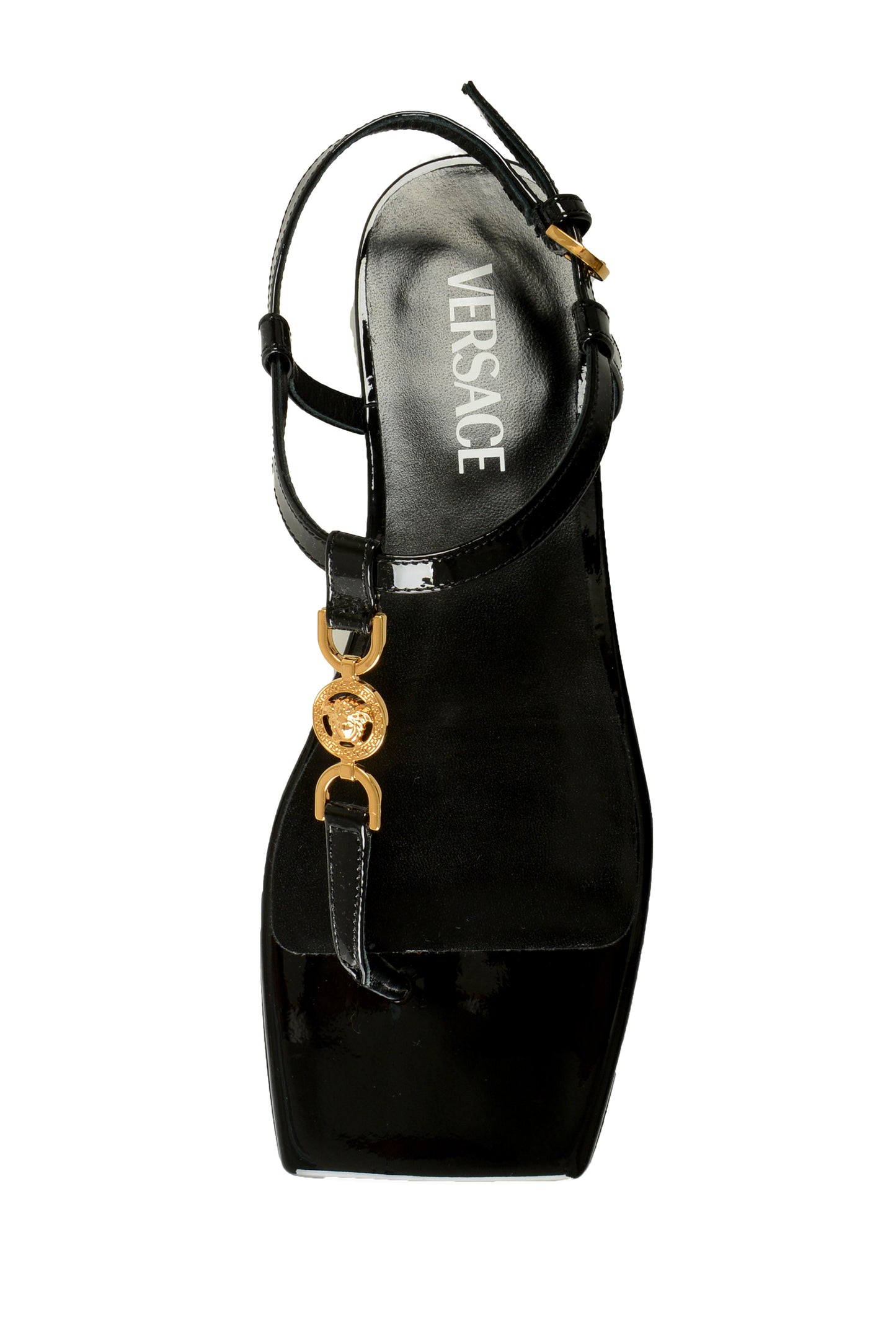 Versace Women's Black Patent Gold Medusa Leather Flat Sandals Shoes US 6 IT 36