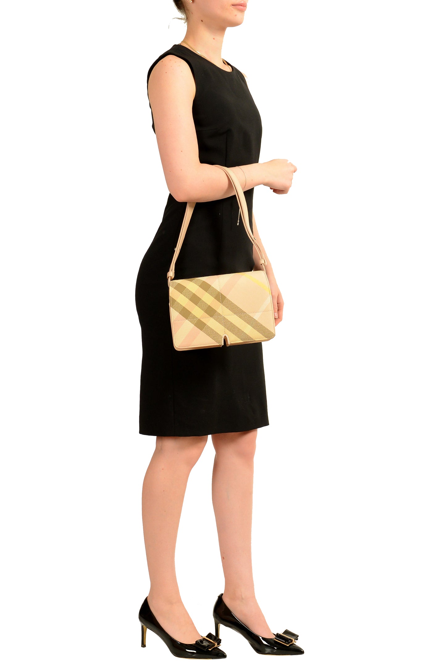 Burberry "Mn Knit Tote" Leather & Canvas Lichen Plaid Handbag Shoulder Bag