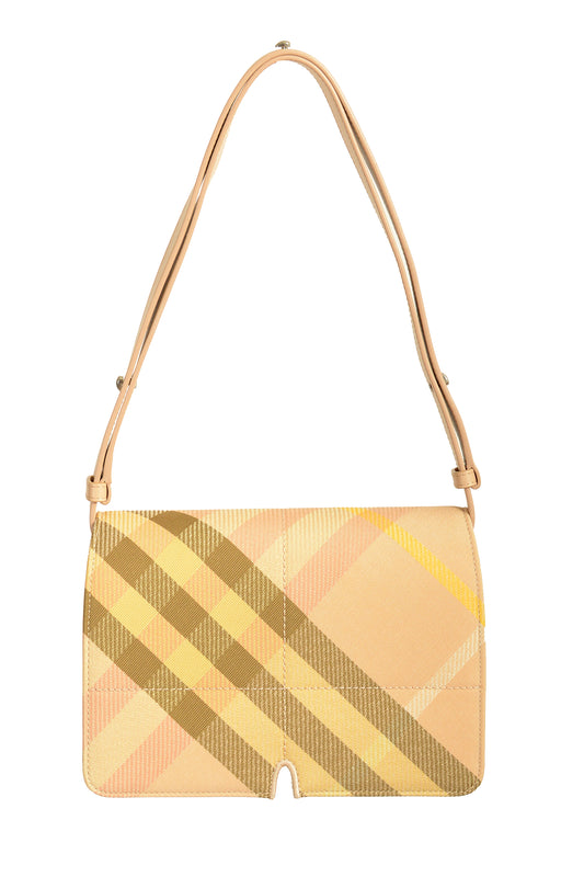 Burberry "Mn Knit Tote" Leather & Canvas Lichen Plaid Handbag Shoulder Bag