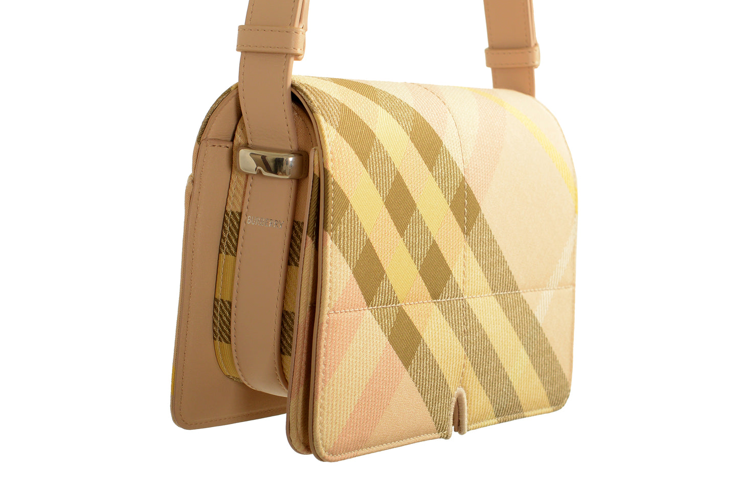 Burberry "Mn Knit Tote" Leather & Canvas Lichen Plaid Handbag Shoulder Bag