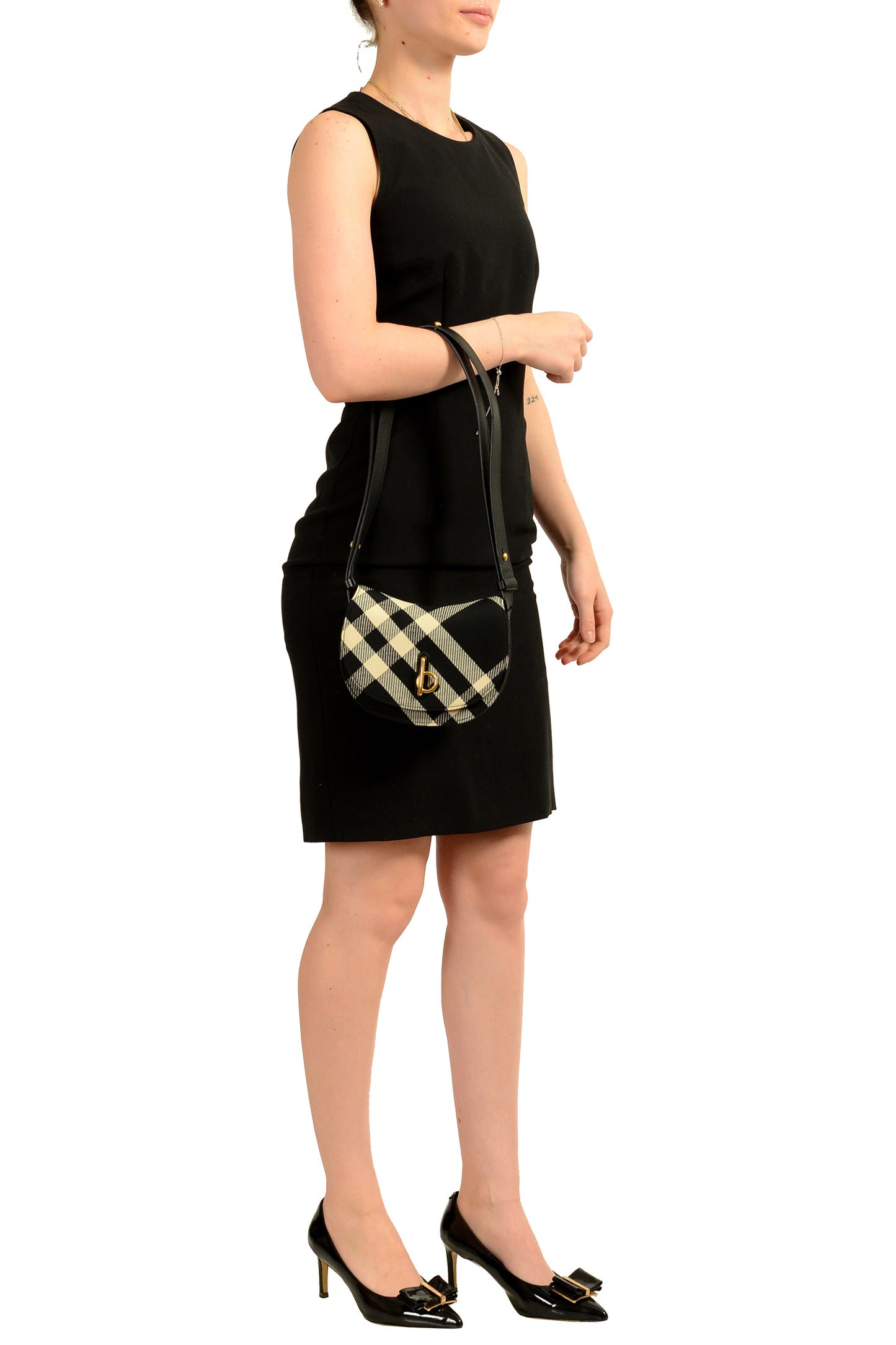 Burberry "Mn Rocking Horse" Leather & Canvas Black Plaid Handbag Shoulder Bag
