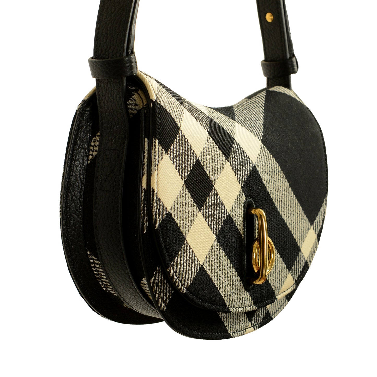 Burberry "Mn Rocking Horse" Leather & Canvas Black Plaid Handbag Shoulder Bag