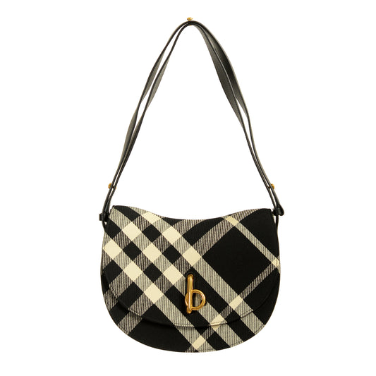 Burberry "Md Rocking Horse" Leather & Canvas Black Plaid Handbag Shoulder Bag