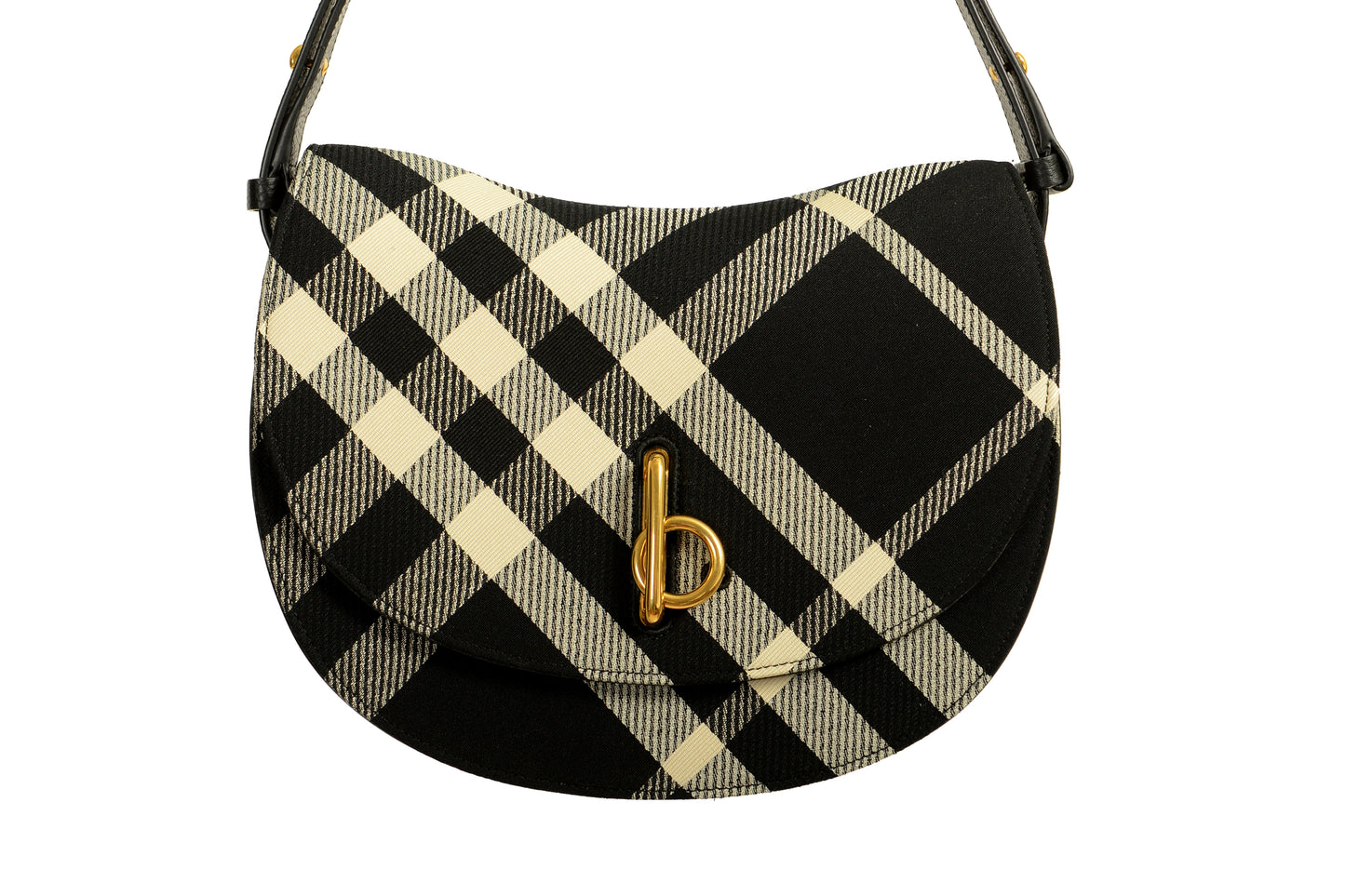 Burberry "Md Rocking Horse" Leather & Canvas Black Plaid Handbag Shoulder Bag