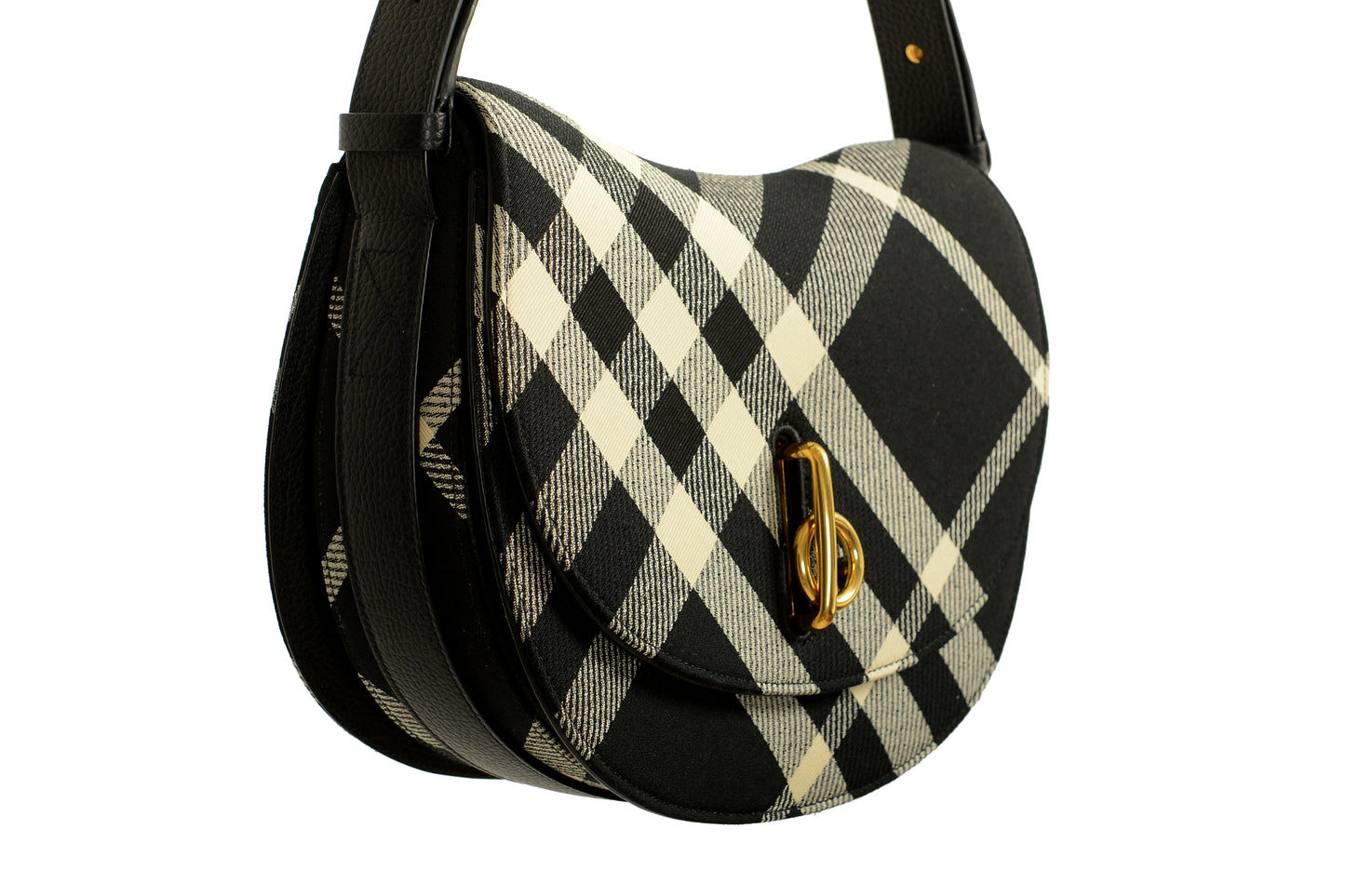 Burberry "Md Rocking Horse" Leather & Canvas Black Plaid Handbag Shoulder Bag