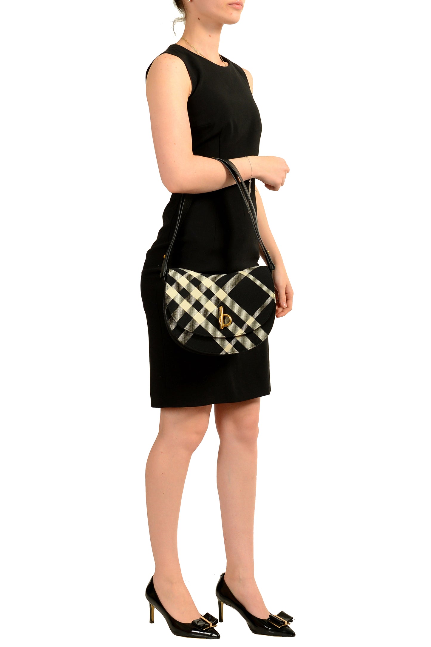 Burberry "Md Rocking Horse" Leather & Canvas Black Plaid Handbag Shoulder Bag