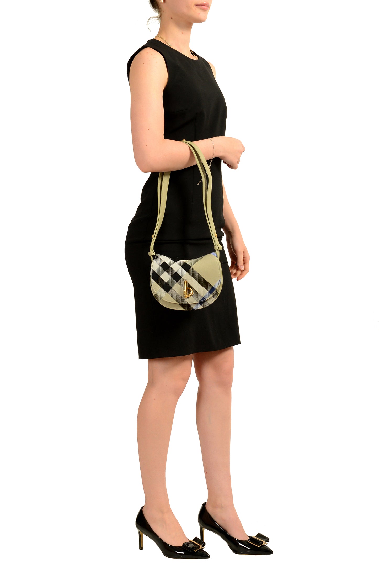Burberry "Mn Rocking Horse" Leather & Canvas Black Plaid Handbag Shoulder Bag