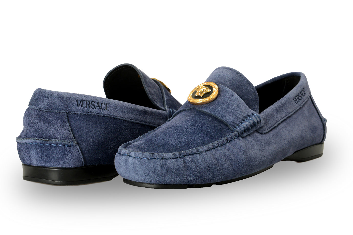 Versace Men's 100% Suede Leather Gold Medusa Driver Loafers Shoes US 8 IT 41