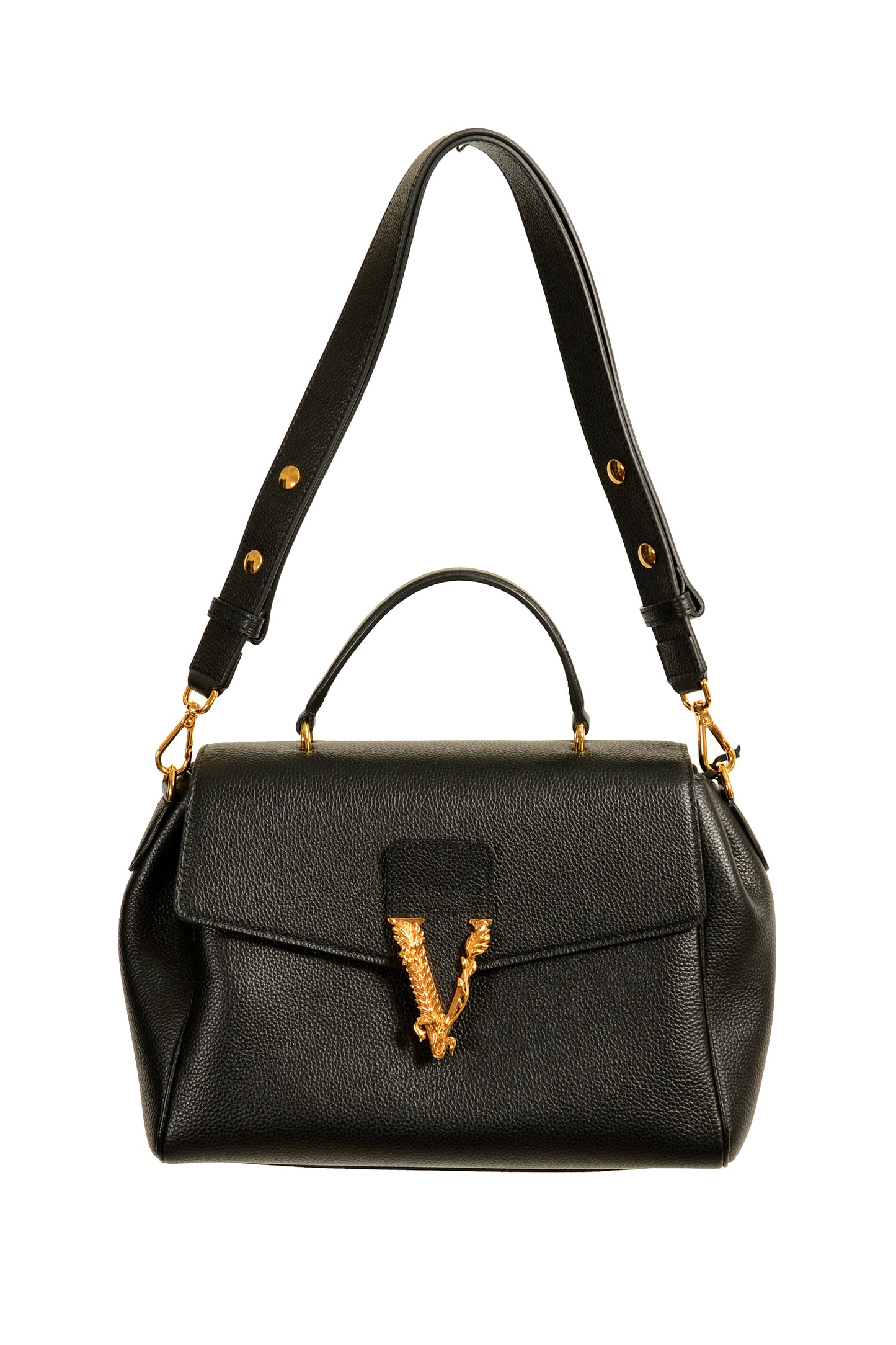 Versace Women's Black Grainy Leather Gold V Logo Satchel Handbag Shoulder Bag