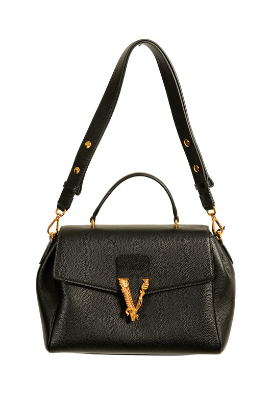 Versace Women's Black Grainy Leather Gold V Logo Satchel Handbag Shoulder Bag
