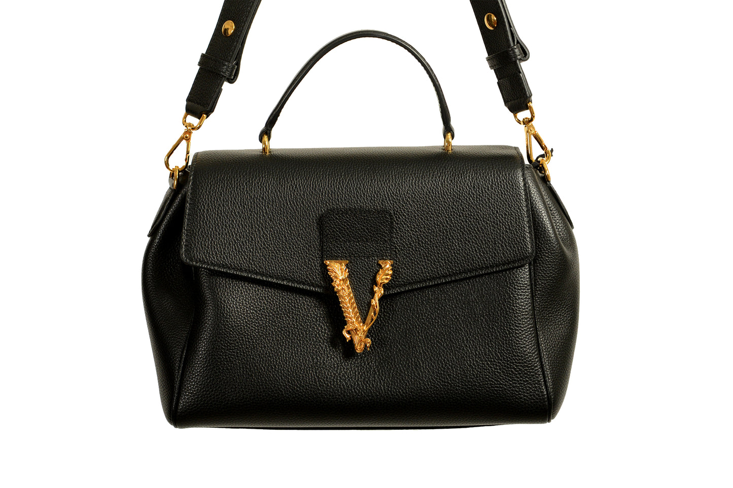 Versace Women's Black Grainy Leather Gold V Logo Satchel Handbag Shoulder Bag
