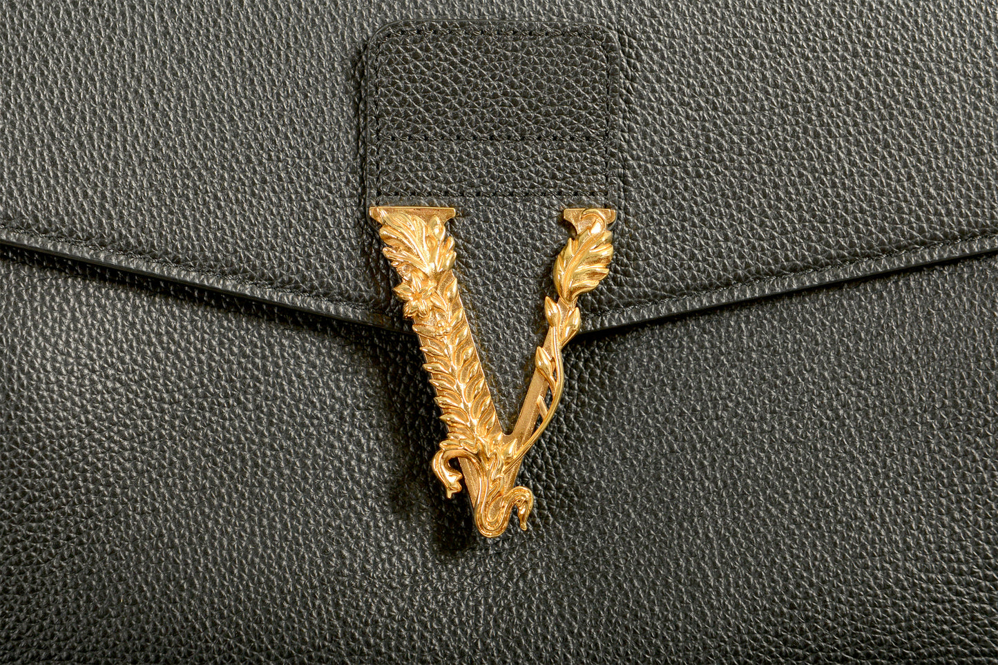Versace Women's Black Grainy Leather Gold V Logo Satchel Handbag Shoulder Bag