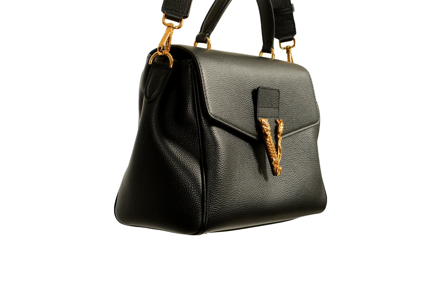 Versace Women's Black Grainy Leather Gold V Logo Satchel Handbag Shoulder Bag