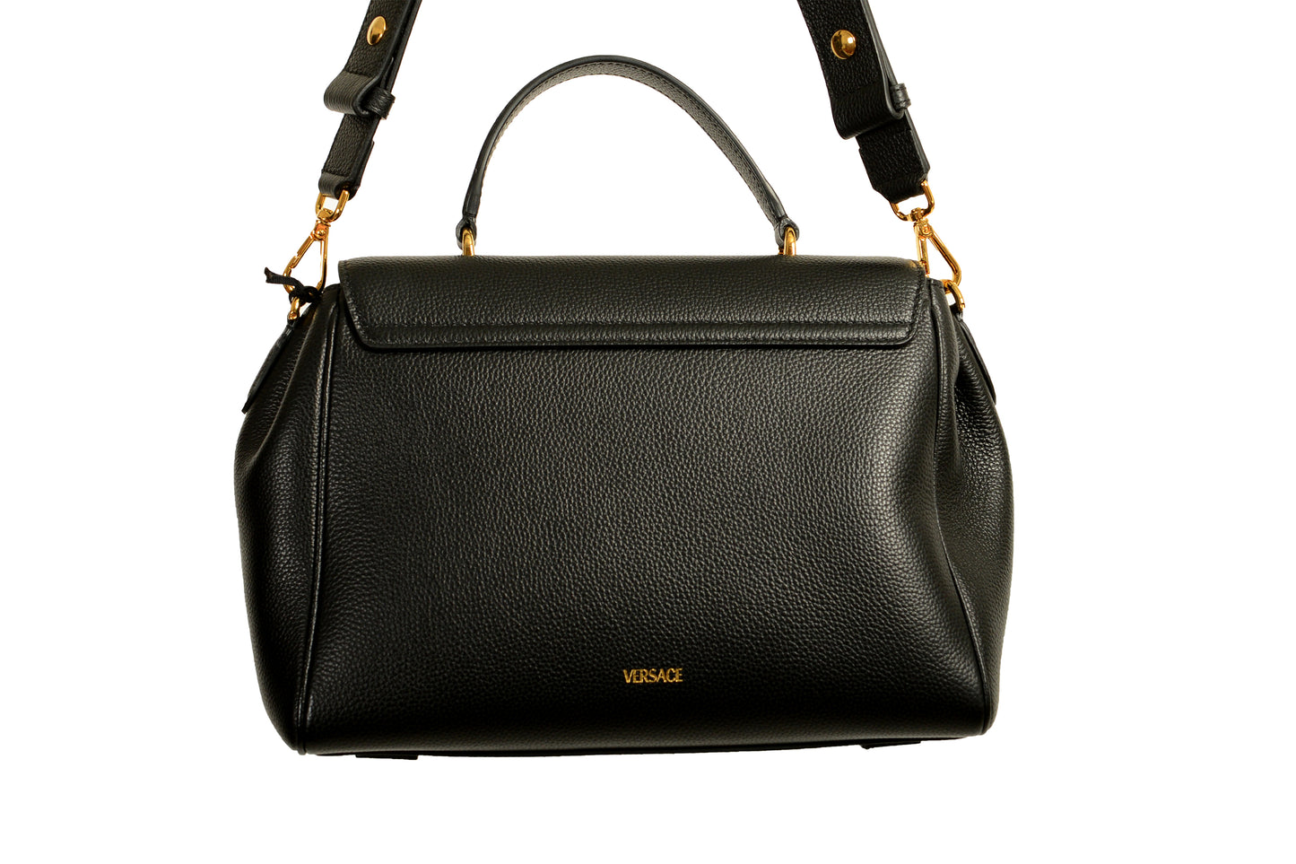 Versace Women's Black Grainy Leather Gold V Logo Satchel Handbag Shoulder Bag