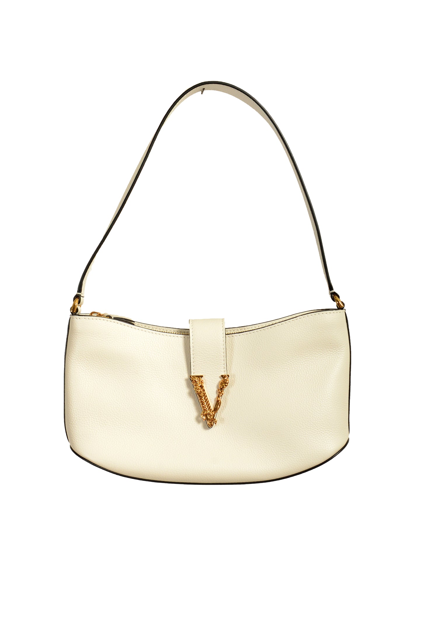 Versace White Grained Leather Gold V-Logo Small Handbag Shoulder Bag