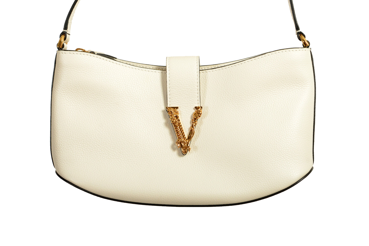 Versace White Grained Leather Gold V-Logo Small Handbag Shoulder Bag