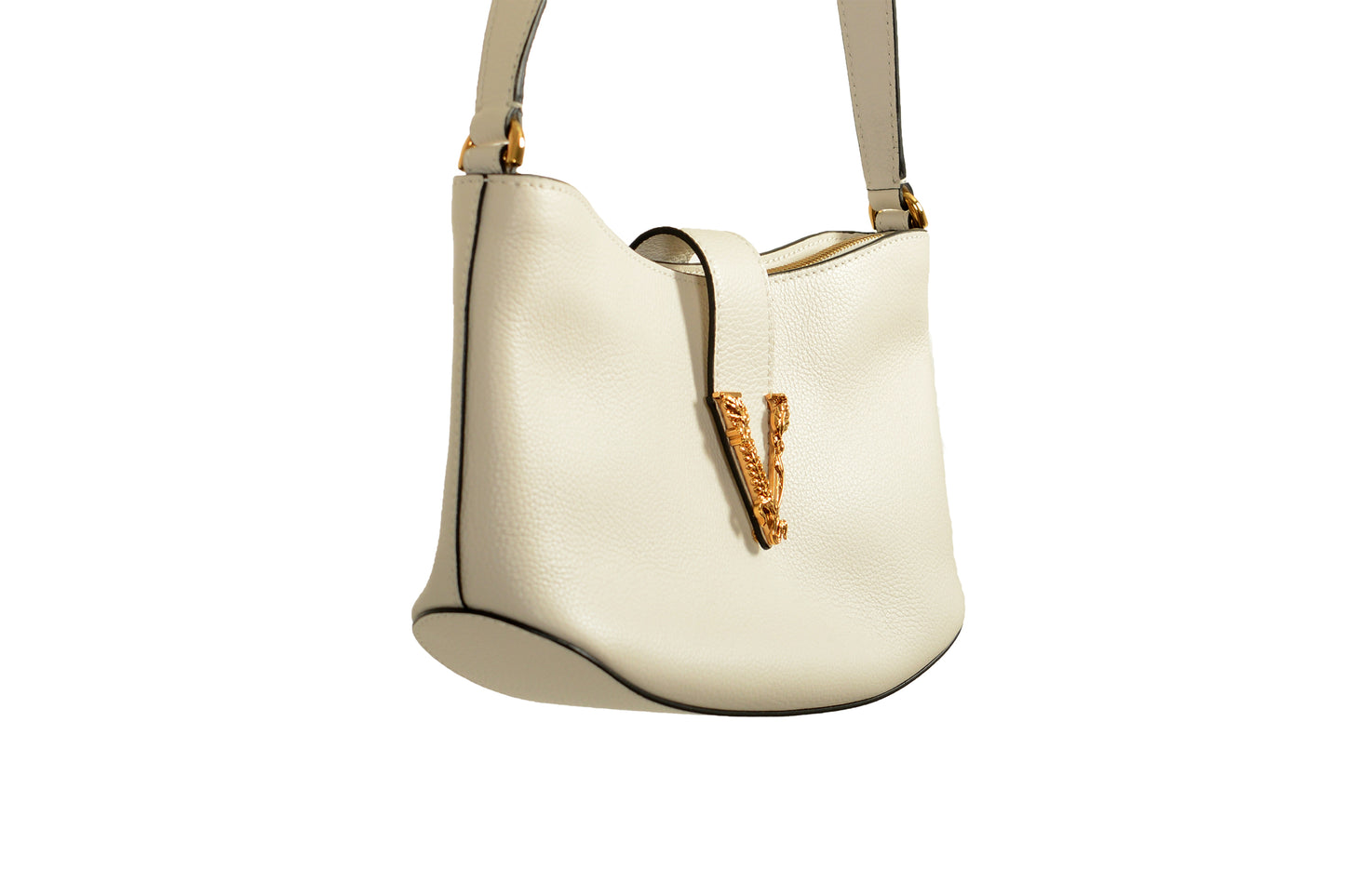 Versace White Grained Leather Gold V-Logo Small Handbag Shoulder Bag