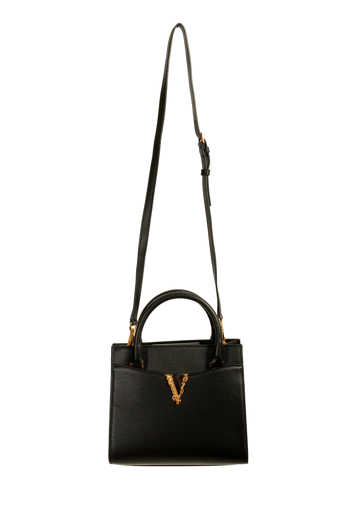 Versace Women's Black Grainy Leather Gold V Logo Satchel Handbag Shoulder Bag