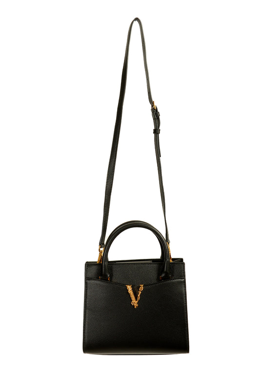 Versace Women's Black Grainy Leather Gold V Logo Satchel Handbag Shoulder Bag