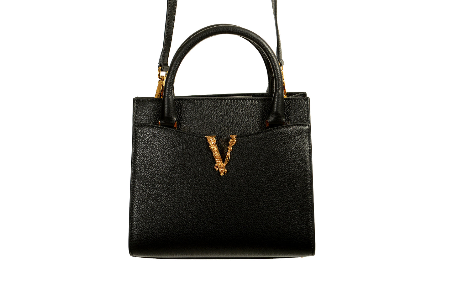 Versace Women's Black Grainy Leather Gold V Logo Satchel Handbag Shoulder Bag