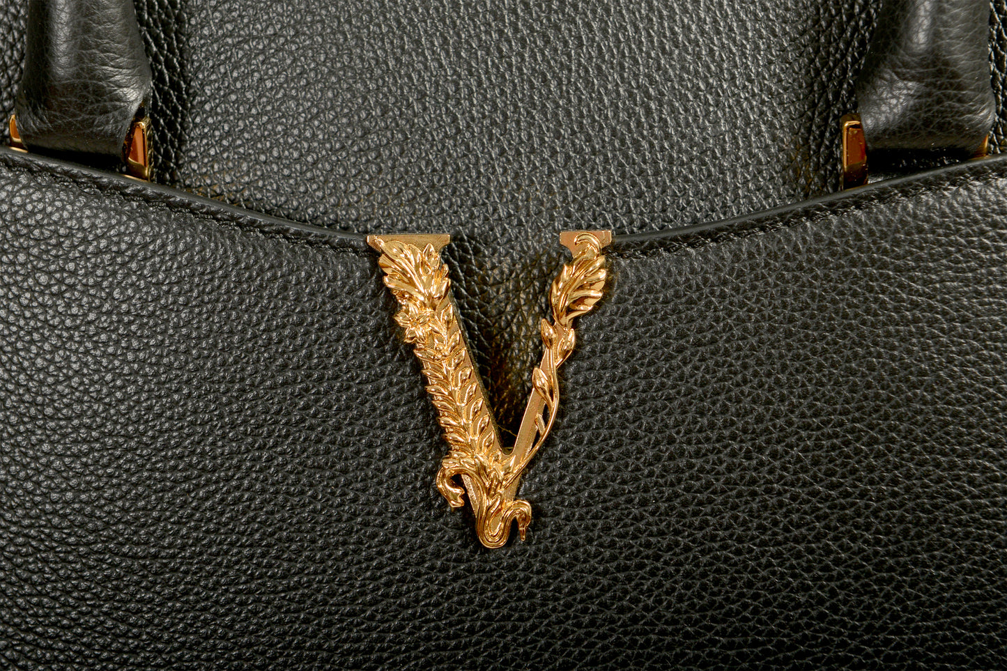 Versace Women's Black Grainy Leather Gold V Logo Satchel Handbag Shoulder Bag