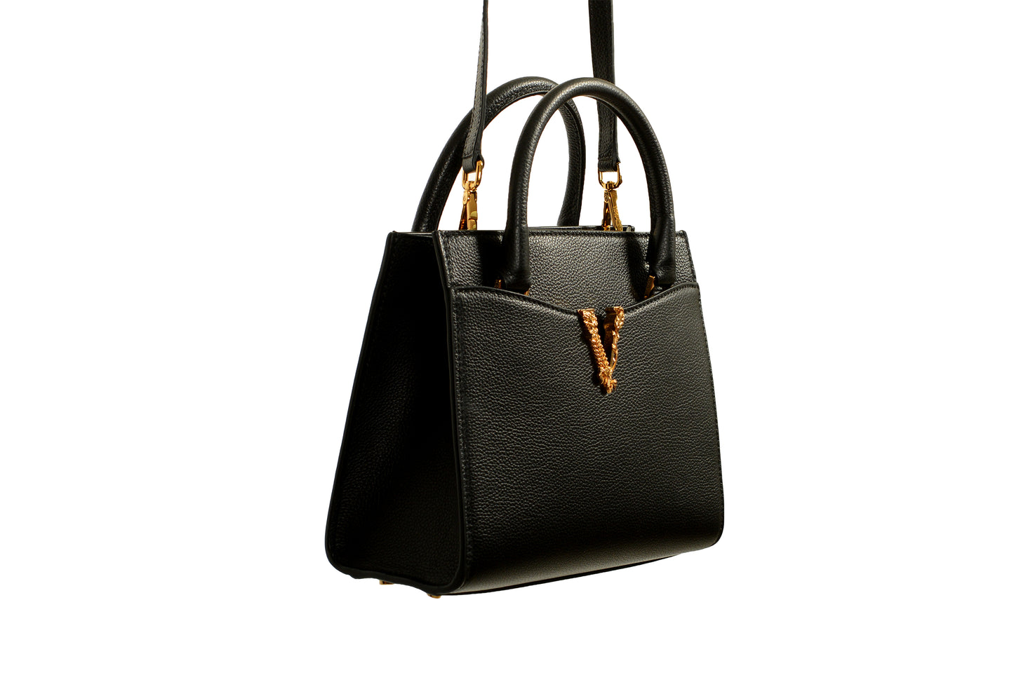 Versace Women's Black Grainy Leather Gold V Logo Satchel Handbag Shoulder Bag