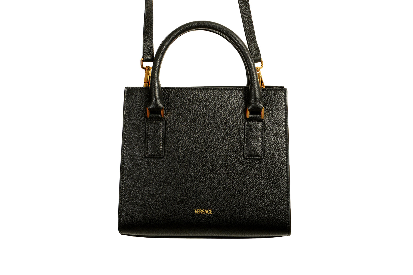 Versace Women's Black Grainy Leather Gold V Logo Satchel Handbag Shoulder Bag