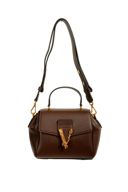 Versace Women's Brown Grainy Leather Gold V Logo Satchel Handbag Shoulder Bag