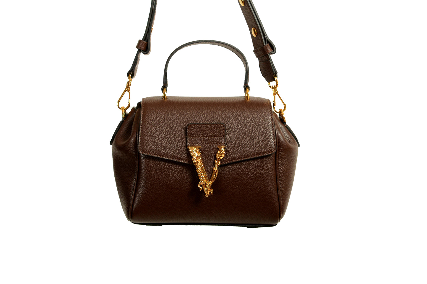 Versace Women's Brown Grainy Leather Gold V Logo Satchel Handbag Shoulder Bag